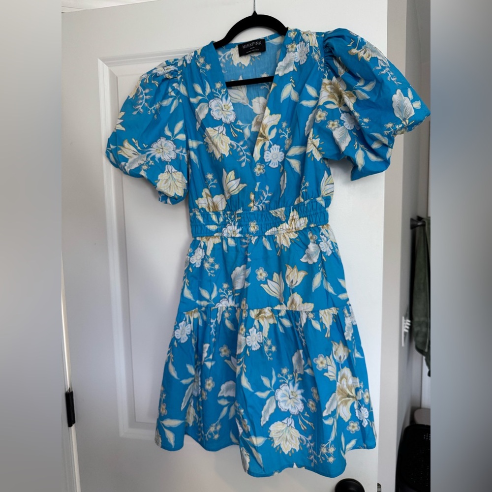 MINKPINK Sky Blue Puff Sleeve Floral Dress
